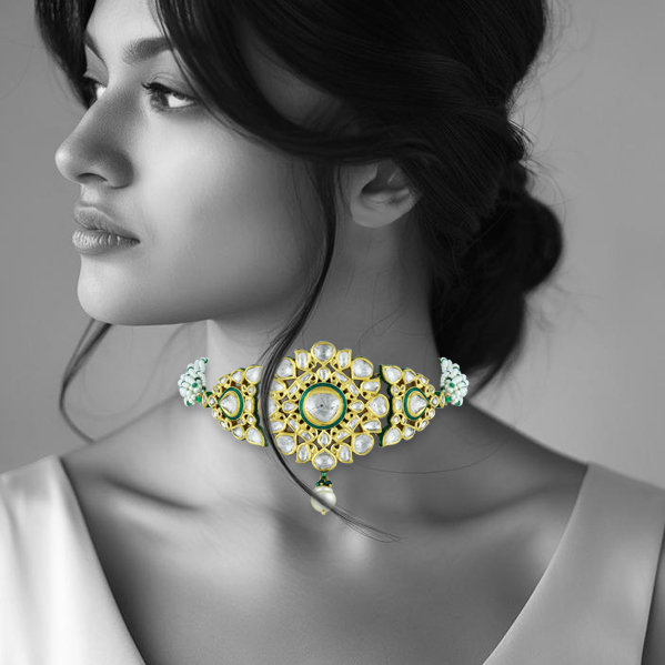 Floral Polki Choker with Green Enamel & Pearl Strands